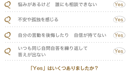 悩みがあるけど 誰にも相談できない。不眠 または 眠れない日がある。不安 緊張 イライラ の状態が続く。なぜか分からないけど 辛かったりどうしようもなくなったりする。「Yes」はいくつありましたか?